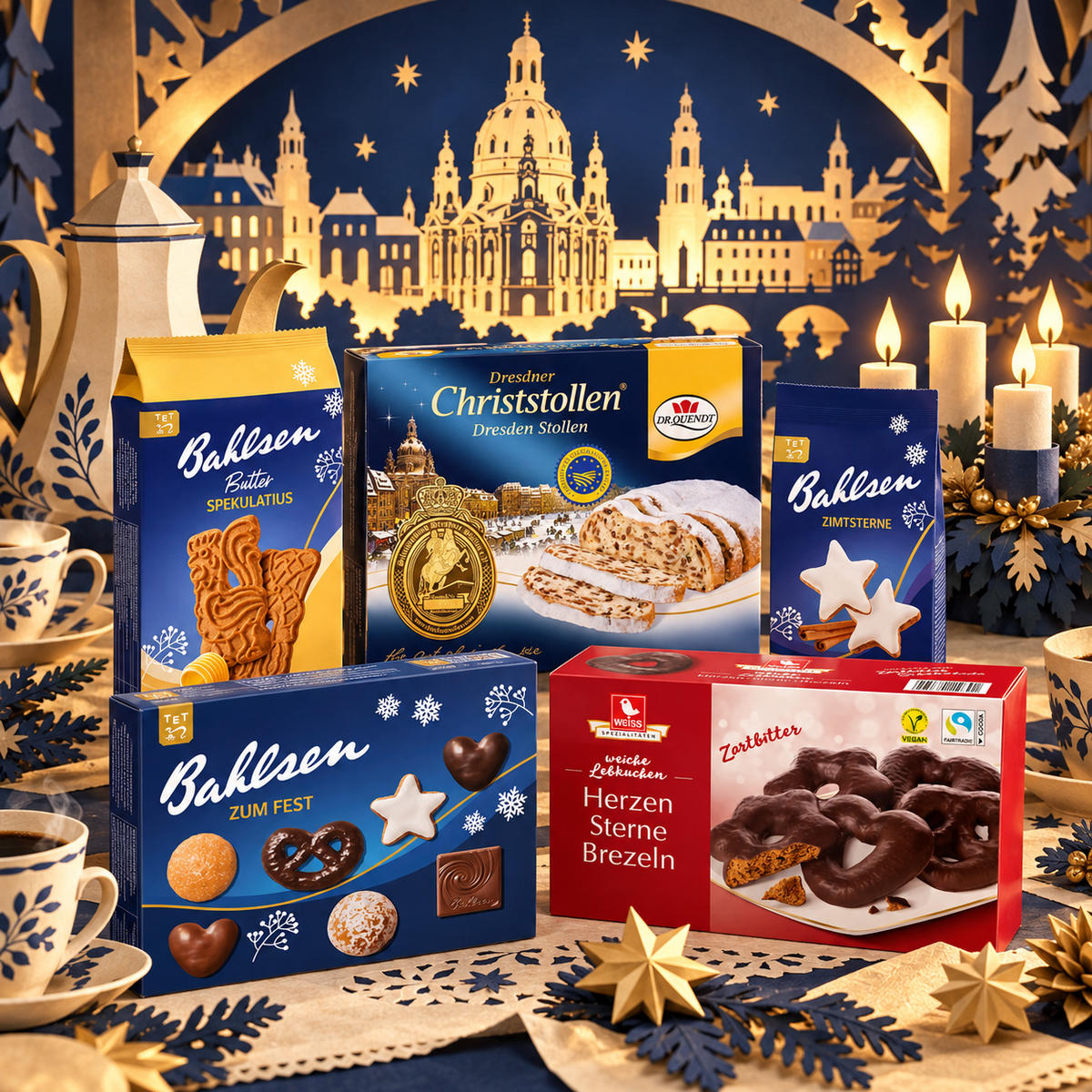 The Kaffeeklatsch Dresden Stollen Christmas hamper in a paper art Dresden scene