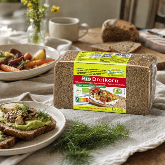 Mestemacher organic three grain rye bread 500g, in an everyday kitchen scene