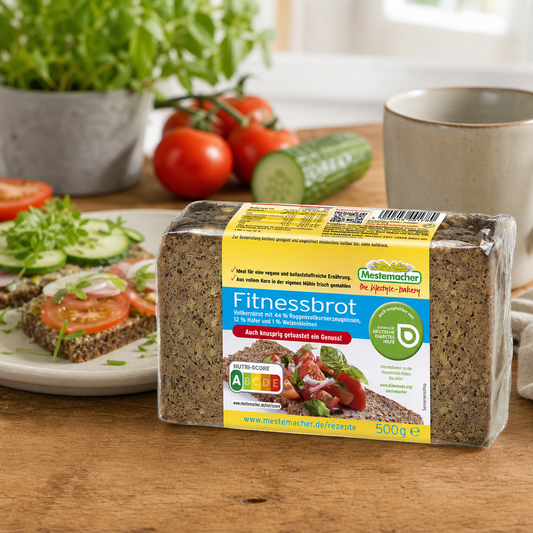 Mestemacher Fitnessbrot German wholegrain rye and oat bread 500g, in an everyday kitchen scene