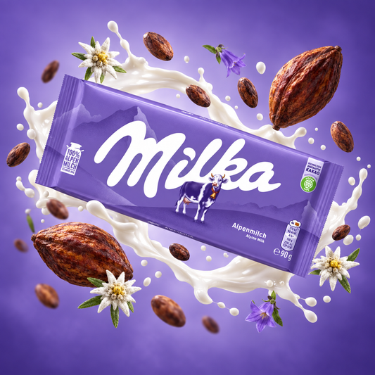 Milka Alpine Milk Chocolate Bar | 90g with floating ingredients