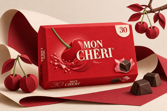 Mon Cheri cherry liqueur pralines box rebuilt as a papercraft scene