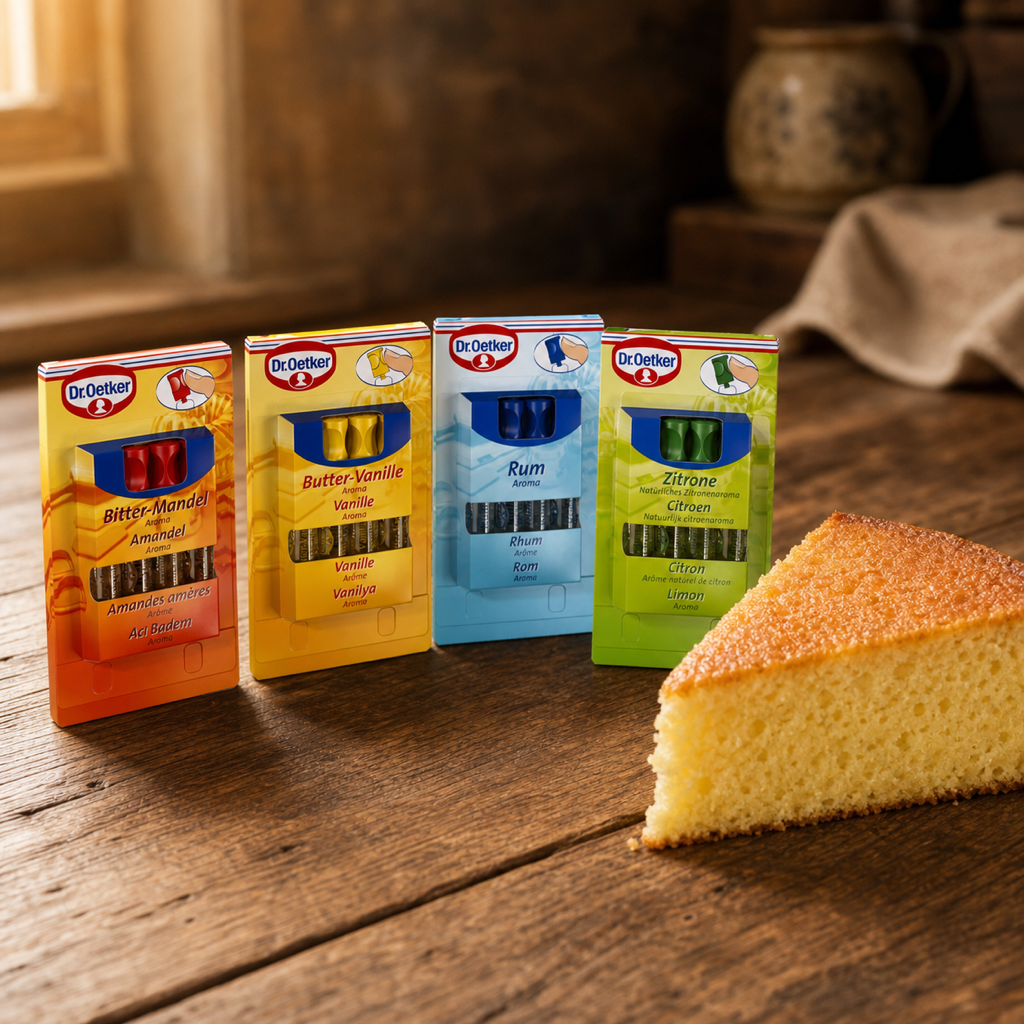 Dr Oetker baking flavourings in 2ml ampoules, Rum, Butter-Vanille, Zitrone and Bitter-Mandel, beside a sponge cake