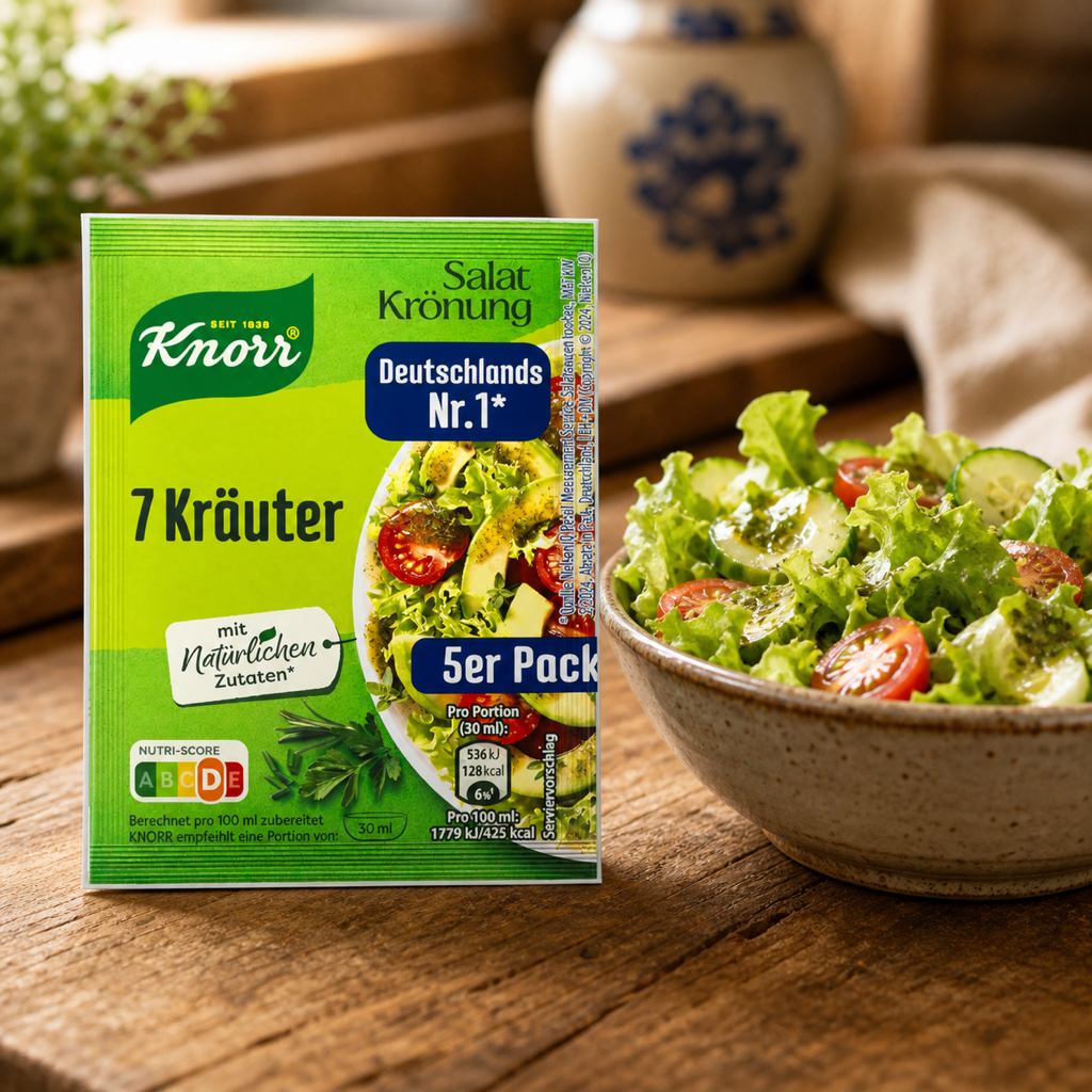 Knorr Salatkroenung 7 Kraeuter salad dressing sachet beside a bowl of fresh salad