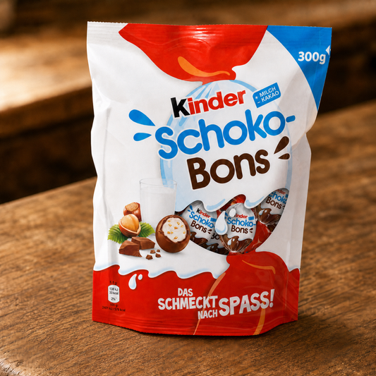 Kinder Schoko-Bons 300g bag on a wooden table