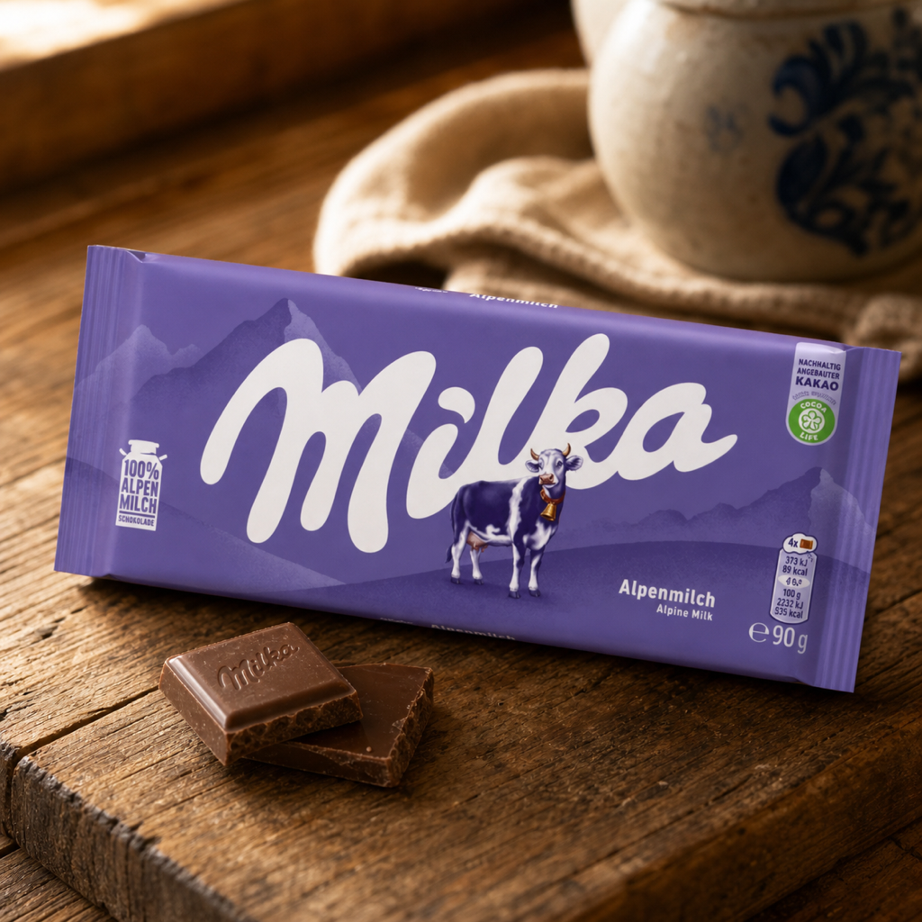 Milka Alpine Milk Chocolate bar, 90g, with broken squares showing the chocolate