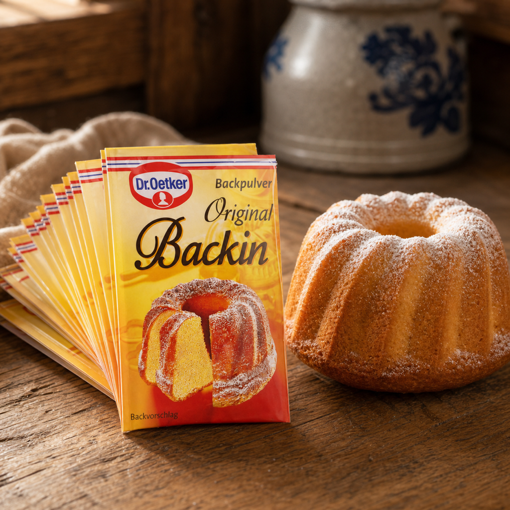 Dr Oetker Original Backin baking powder sachets beside a Gugelhupf
