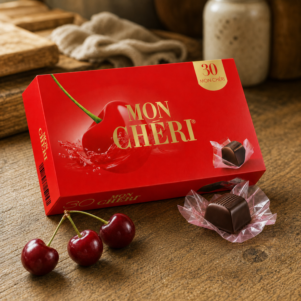 Mon Cheri cherry liqueur pralines, box of 30, with fresh cherries