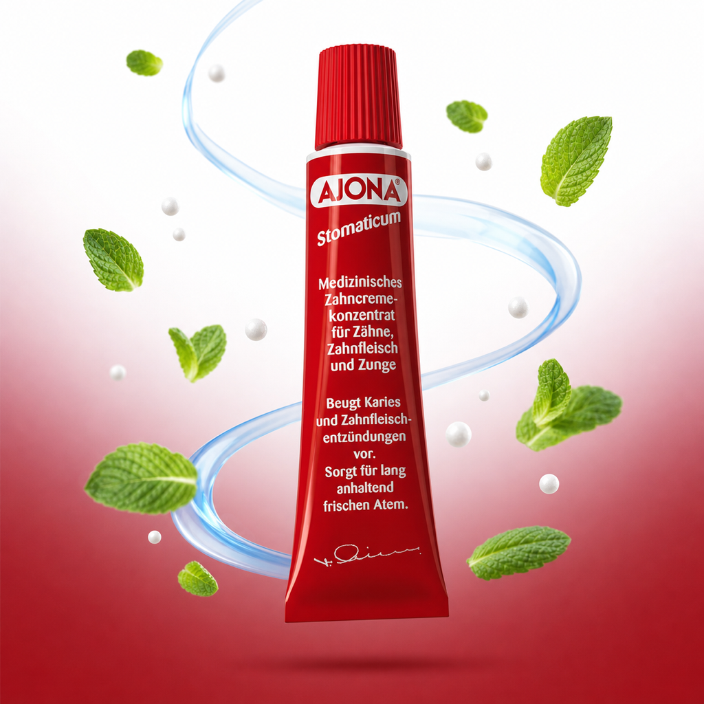 Ajona Stomatikum Toothpaste 25ml (pack of 2) with floating ingredients