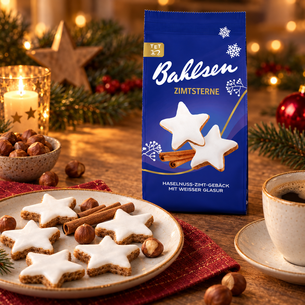 Bahlsen Zimtsterne Cinnamon Star Hazelnut Biscuits | 100G serving suggestion