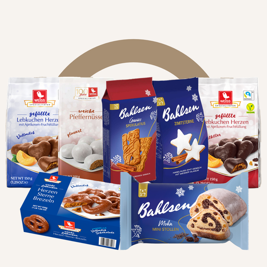The Christmas Market German Christmas hamper: Weiss Lebkuchen Herzen, Herzen Sterne Brezeln, Pfeffernüsse, Bahlsen Spekulatius, Zimtsterne and Mini Stollen