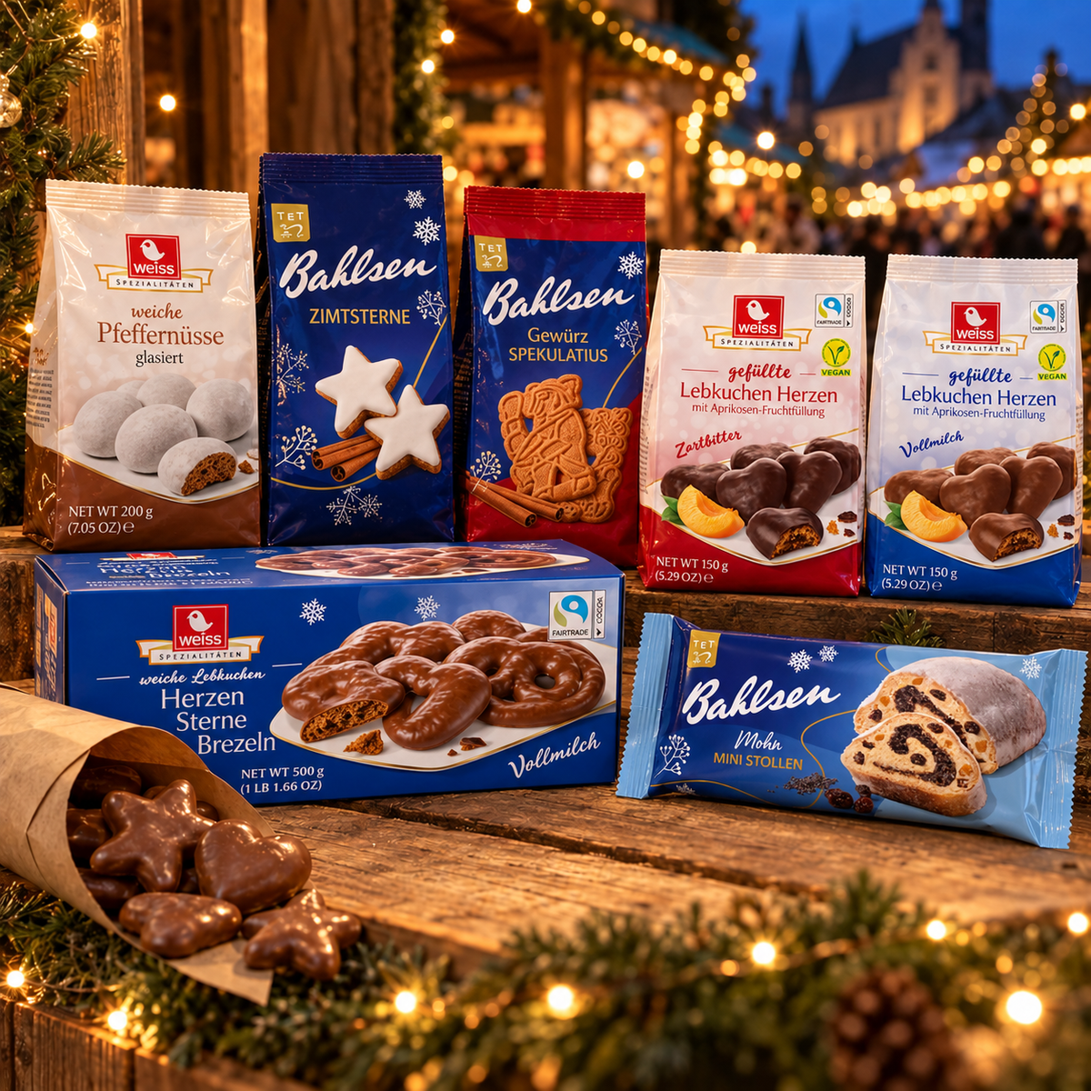 The Christmas Market German Christmas hamper with Lebkuchen hearts, Herzen Sterne Brezeln, Pfeffernüsse, Spekulatius, Zimtsterne and mini Stollen at a market stall