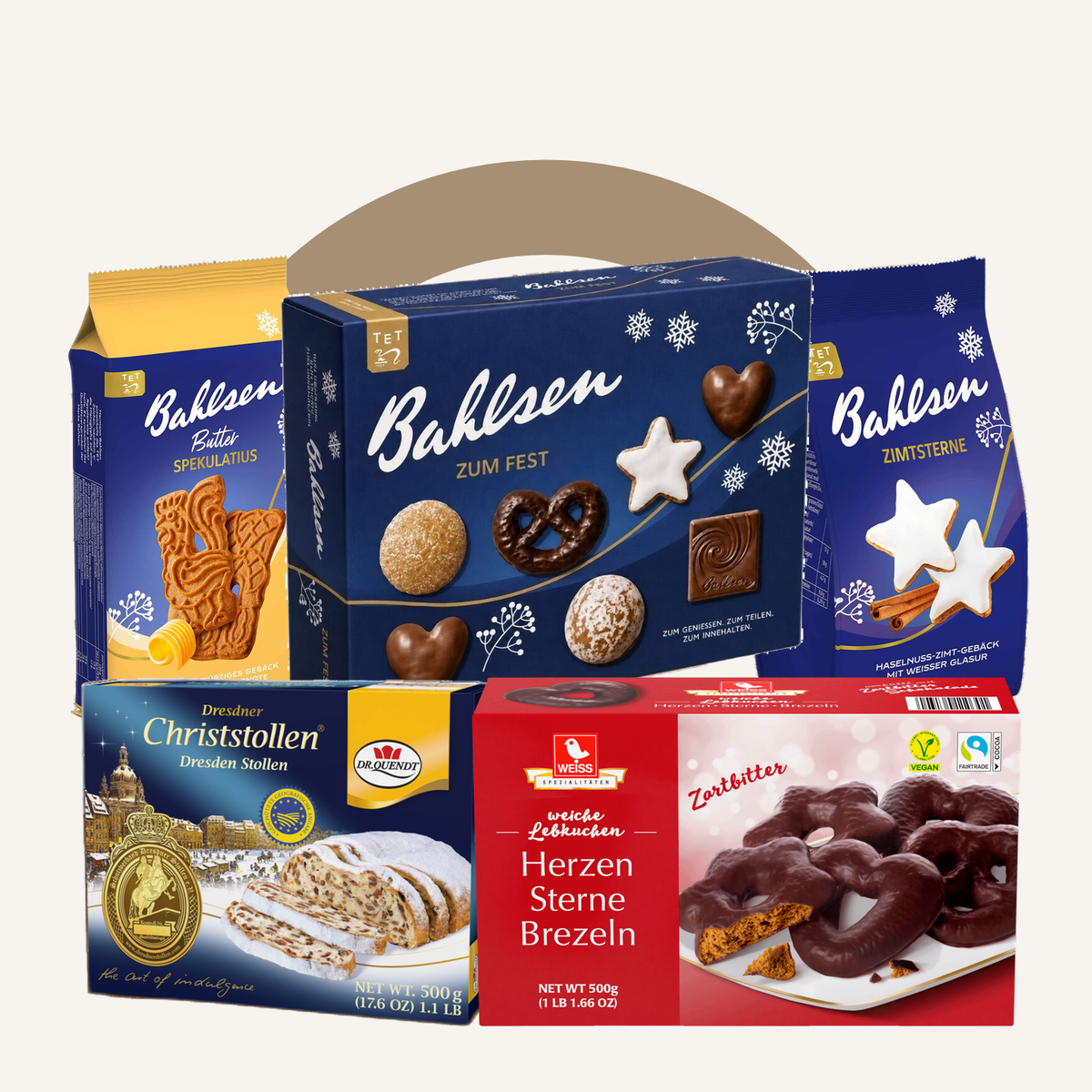 The Kaffeeklatsch Christmas hamper: Dr. Quendt Dresdner Christstollen, Bahlsen Zum Fest, Butter Spekulatius, Zimtsterne and Weiss Herzen Sterne Brezeln