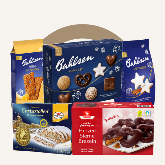 The Kaffeeklatsch Christmas hamper: Dr. Quendt Dresdner Christstollen, Bahlsen Zum Fest, Butter Spekulatius, Zimtsterne and Weiss Herzen Sterne Brezeln