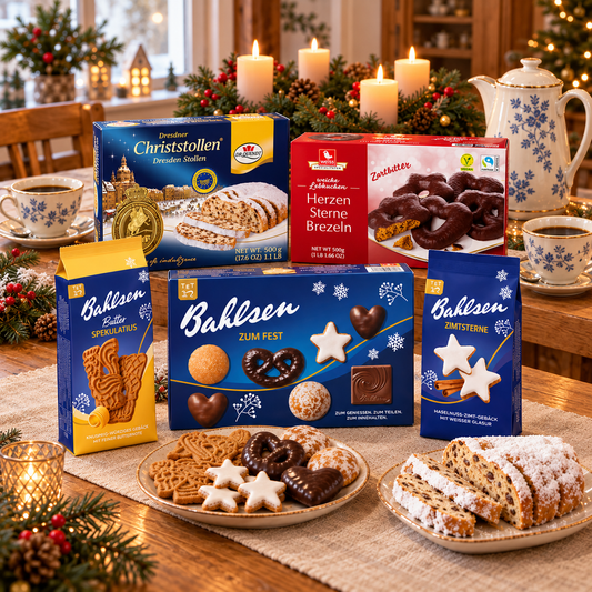 The Kaffeeklatsch German Christmas hamper with Dresden Stollen, Bahlsen Zum Fest, Spekulatius, Zimtsterne and Lebkuchen on an Advent coffee table