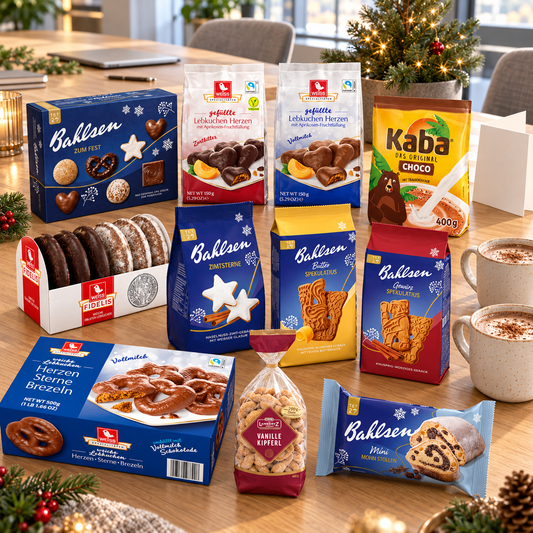 The Thank-You Box alcohol-free German Christmas hamper with Lebkuchen, Spekulatius, Kipferl, Zum Fest and Kaba hot chocolate on an office table for staff gifts