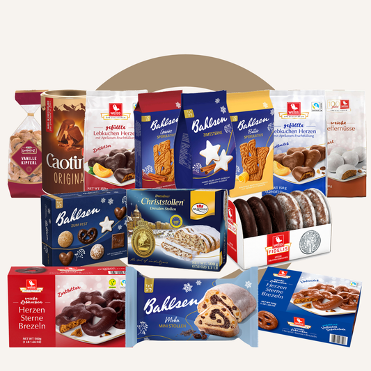 The Whole Shelf large German Christmas food hamper with Dresdner Stollen, Lebkuchen, Spekulatius, Zimtsterne, Kipferl, Zum Fest and Caotina