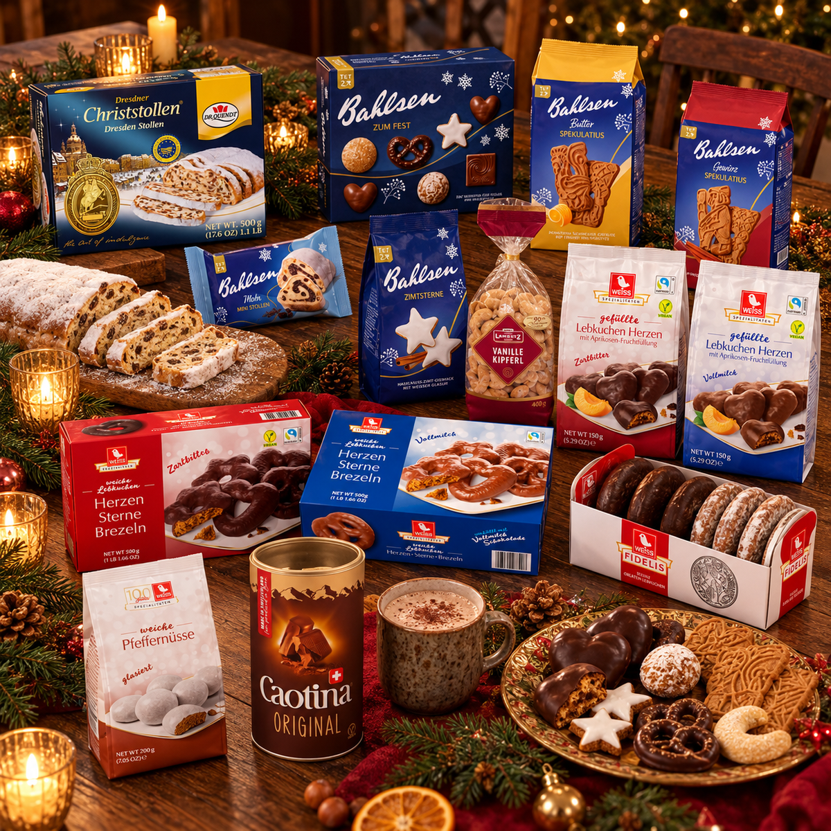The Whole Shelf large German Christmas food hamper with Dresden Stollen, Lebkuchen, Spekulatius, biscuits and Caotina hot chocolate on a family table