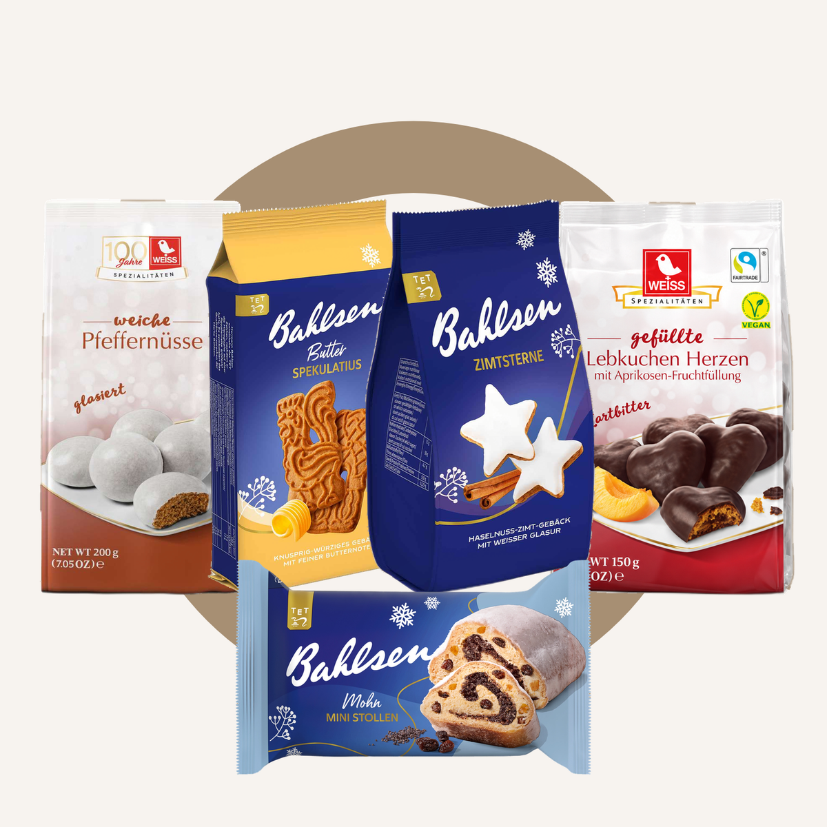 The Starter Pack German Christmas gift set: Weiss Lebkuchen Herzen, Pfeffernüsse, Bahlsen Butter Spekulatius, Zimtsterne and Mini Mohn-Stollen