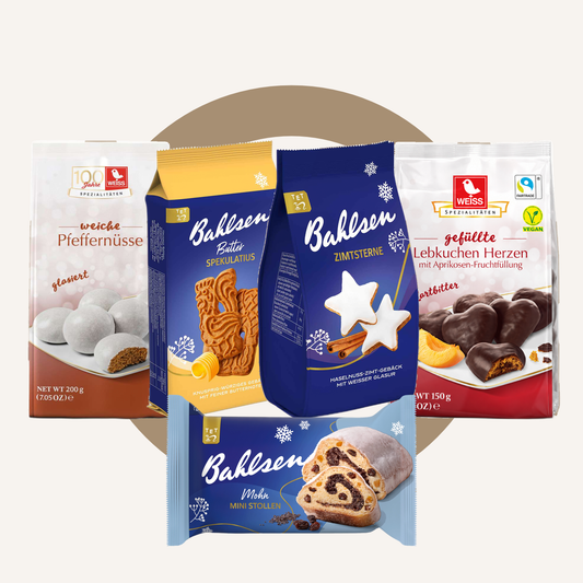 The Starter Pack German Christmas gift set: Weiss Lebkuchen Herzen, Pfeffernüsse, Bahlsen Butter Spekulatius, Zimtsterne and Mini Mohn-Stollen