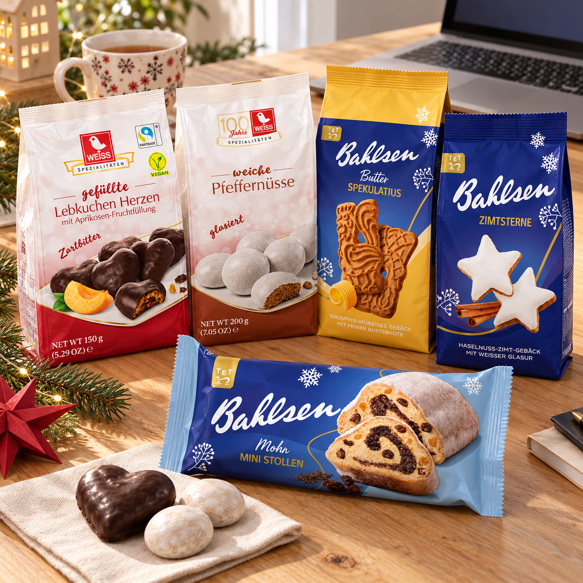The Starter Pack German Christmas gift set with Lebkuchen hearts, Pfeffernüsse, Spekulatius, Zimtsterne and mini Stollen on a Secret Santa desk