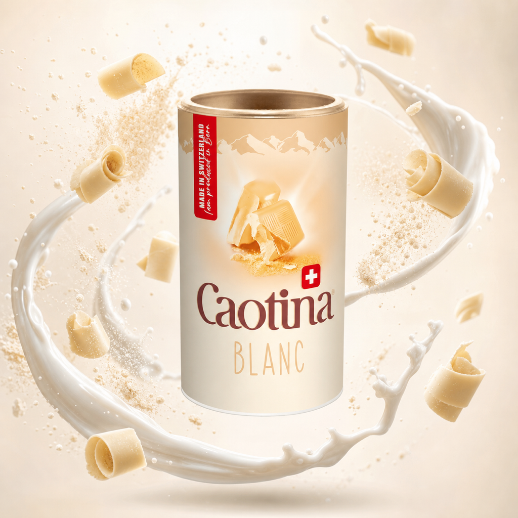 Caotina Blanc White Chocolate Cocoa Powder 500g with floating ingredients