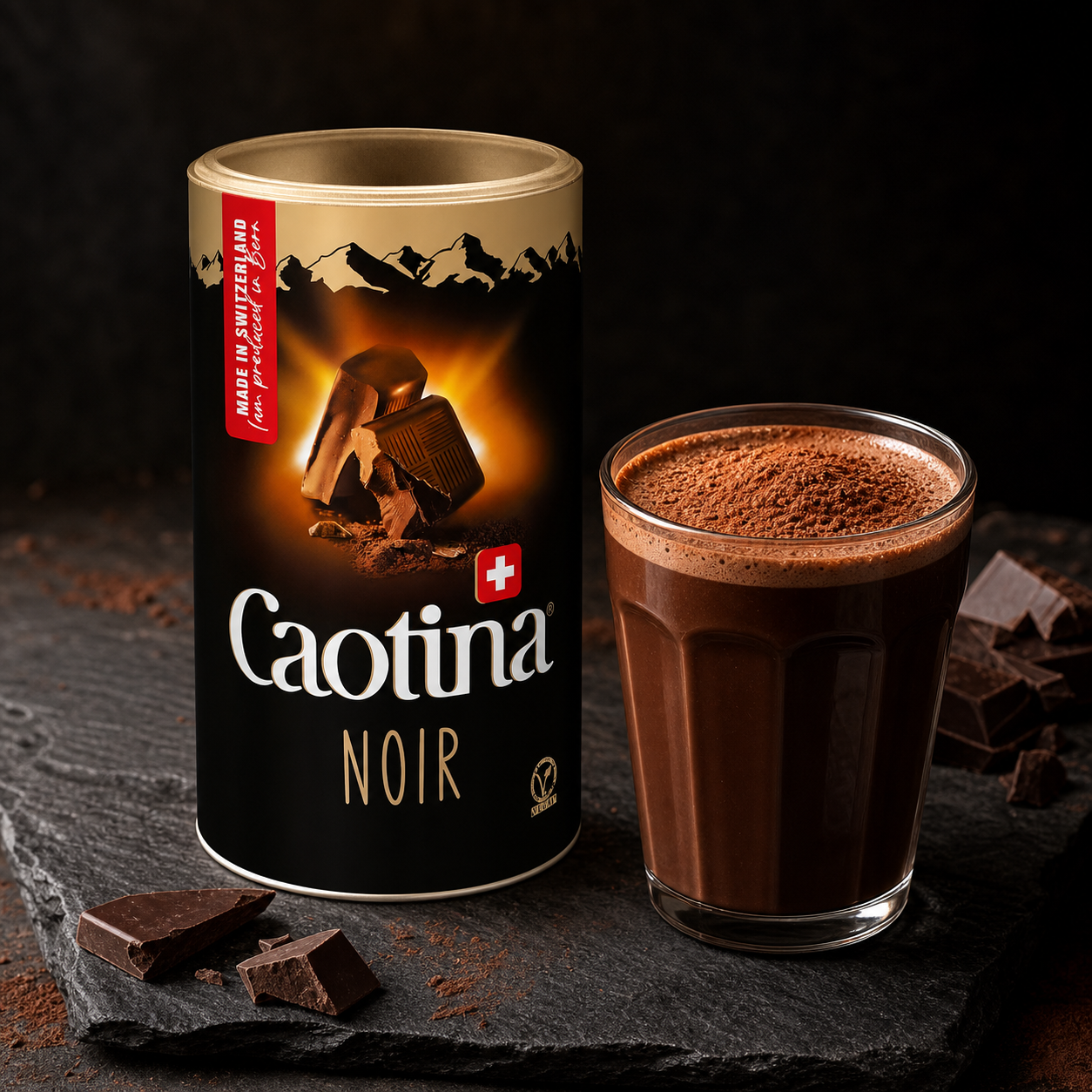 Caotina Noir Dark Chocolate Cocoa Powder 450g serving suggestion