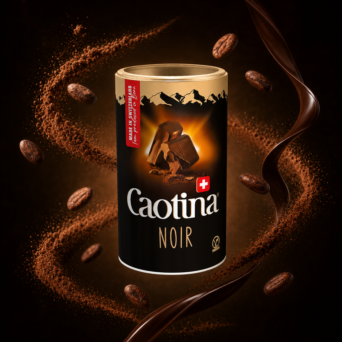 Caotina Noir Dark Chocolate Cocoa Powder 450g with floating ingredients