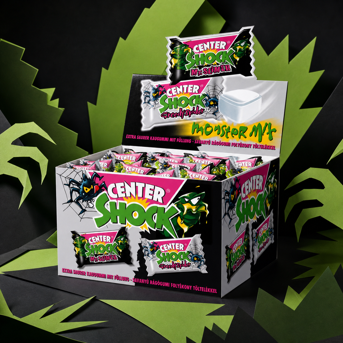Center Shock Monster Mix Box of 100 Filled Chewing Gums Extra Sour paper art scene