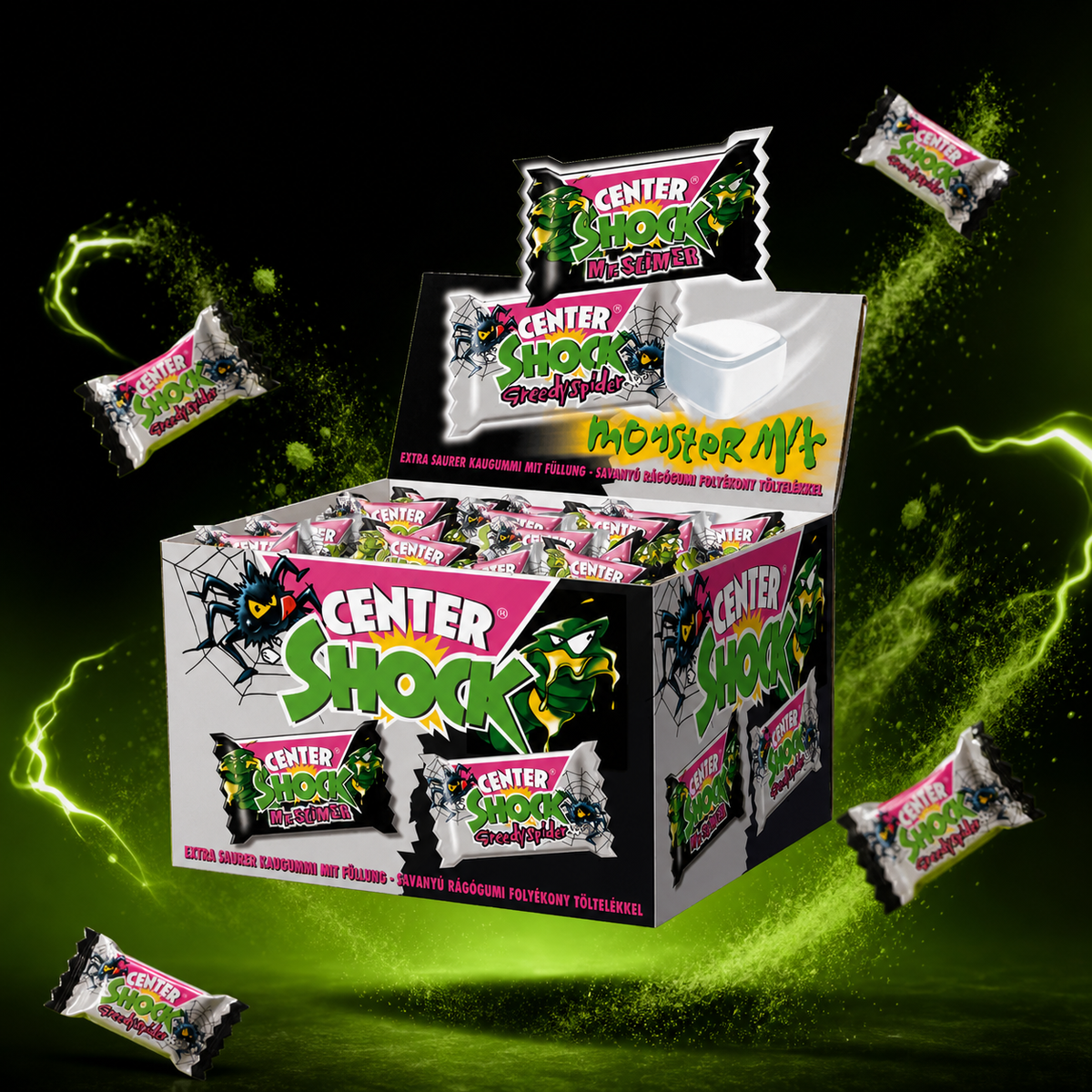 Center Shock Monster Mix Box of 100 Filled Chewing Gums Extra Sour with floating ingredients