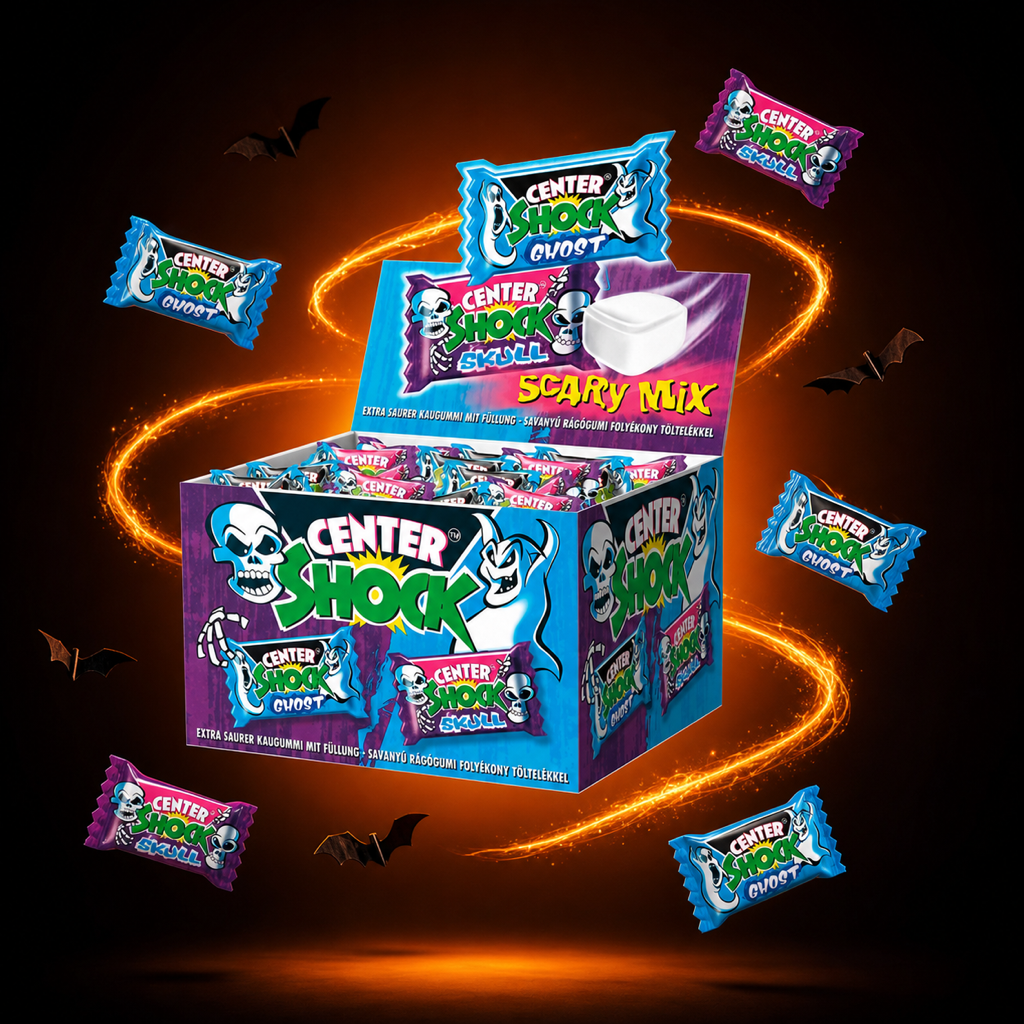 Center Shock Scary Mix Box of 100 Filled Chewing Gums Extra Sour with floating ingredients