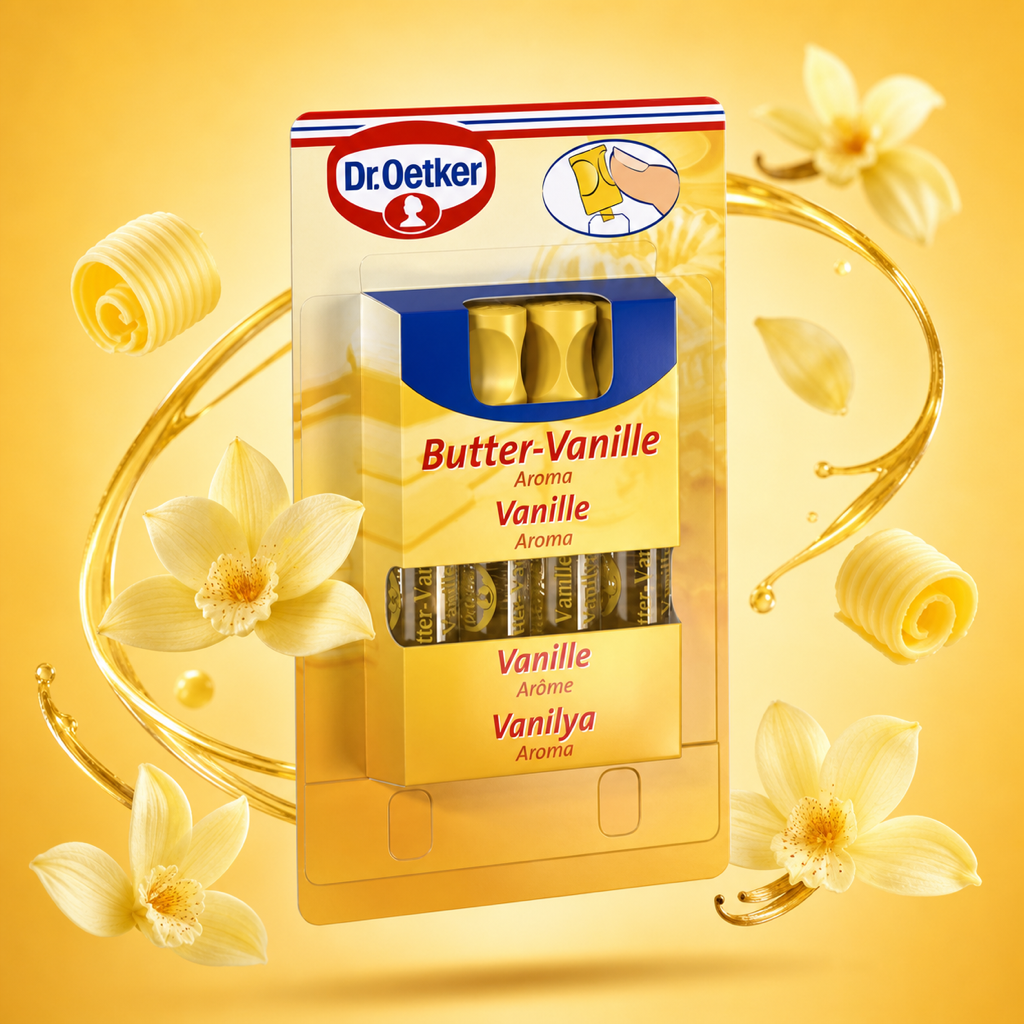 Dr Oetker Butter-Vanille-Aroma 4x 2ml Bottles with floating ingredients
