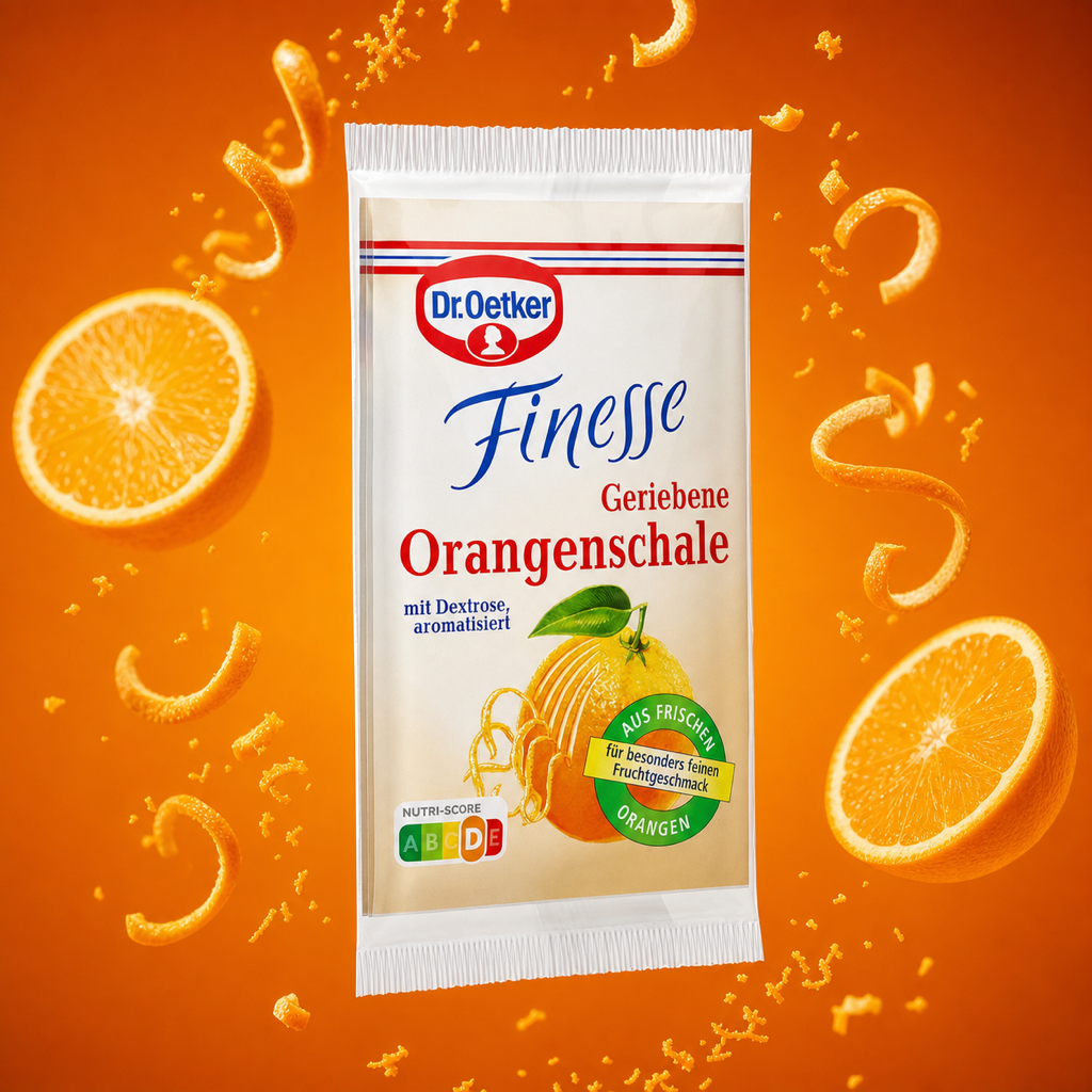 Dr Oetker Finesse Grated Orange Peel 3x 6g with floating ingredients