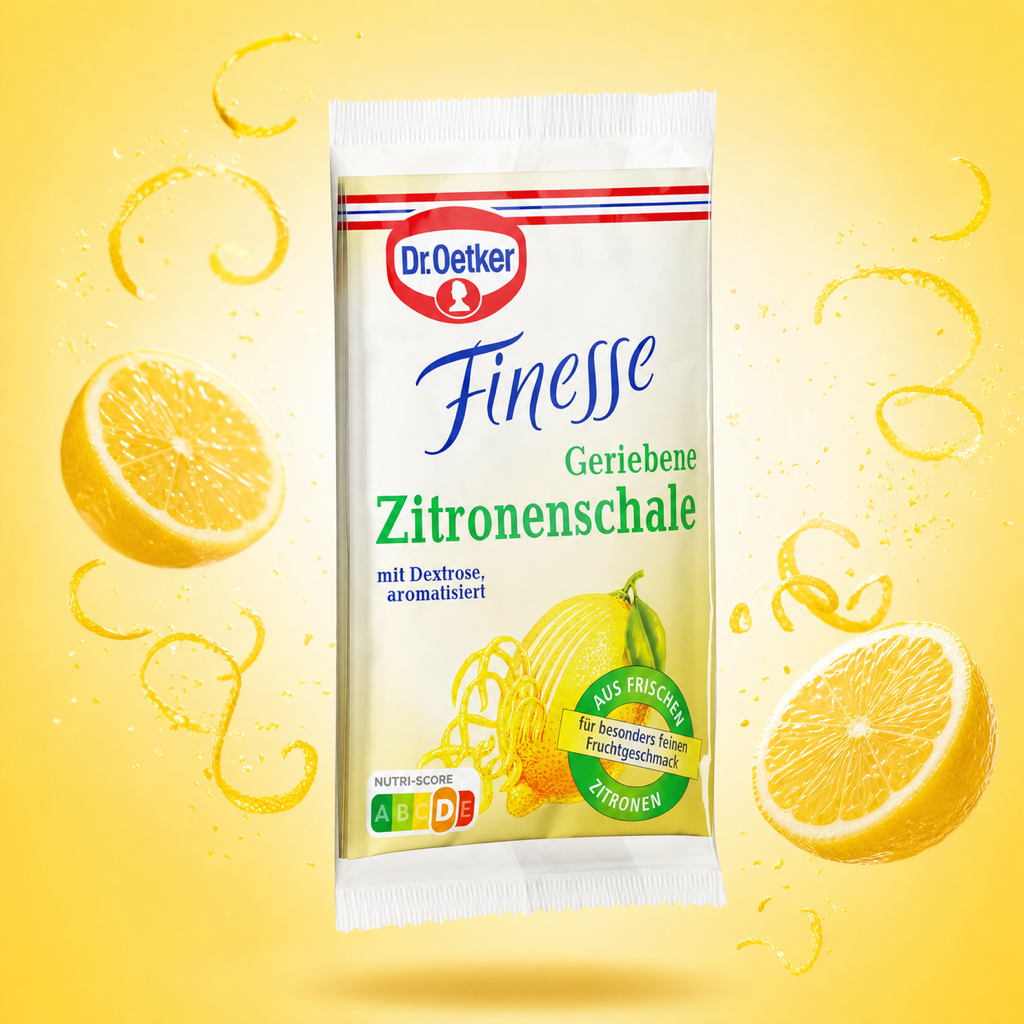 Dr Oetker Finesse Grated Lemon Peel 3x 6g with floating ingredients