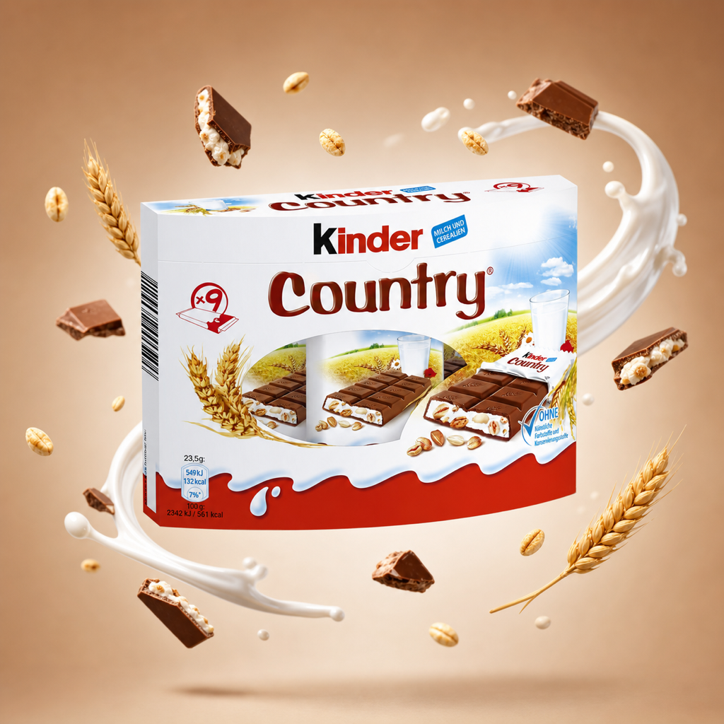 Kinder Country Milk Chocolate Cereal Bars 9x 23.5g with floating ingredients