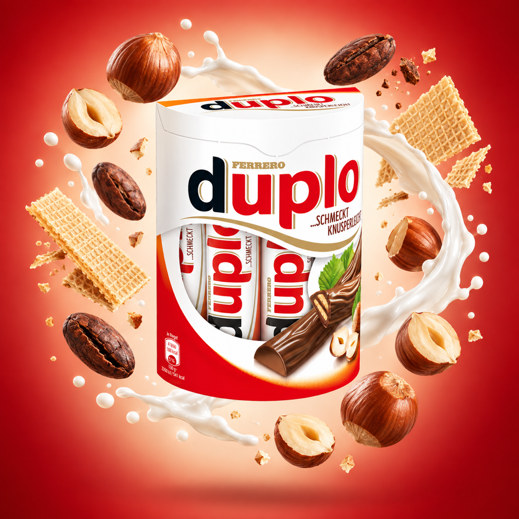 Duplo Chocolate Bar with Hazelnut Filling Box of 10 Pieces with floating ingredients