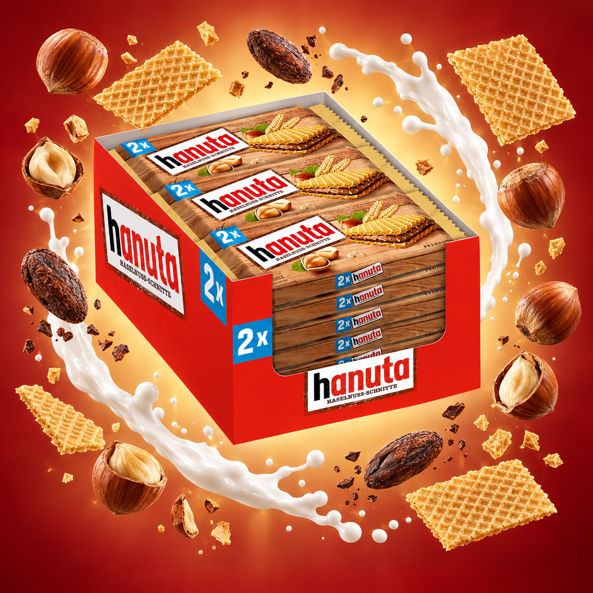 Hanuta Hazelnut Wafers 18x 44g with floating ingredients