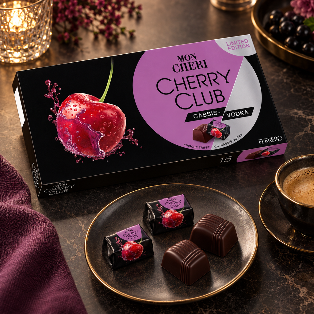 Mon Chéri Cherry Club Cassis Vodka Chocolates 15 Pieces 157g serving suggestion