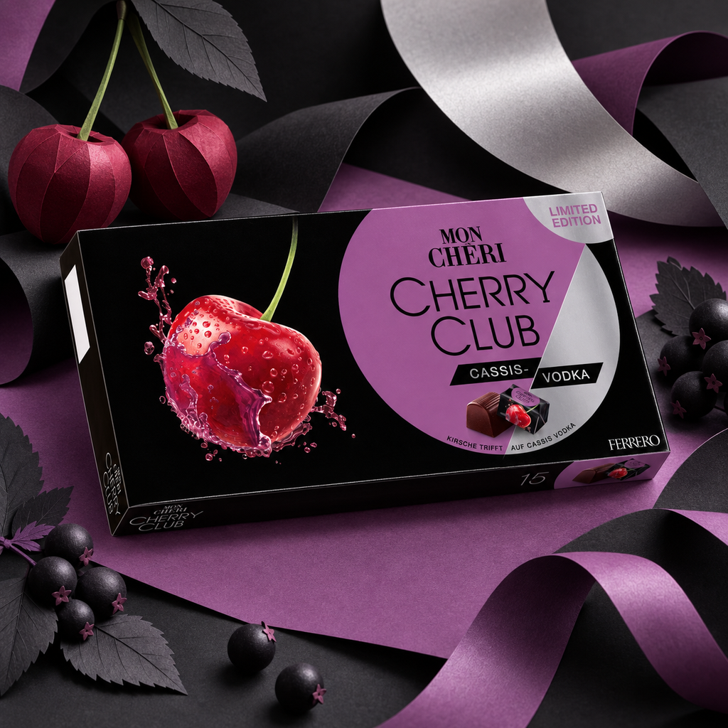 Mon Chéri Cherry Club Cassis Vodka Chocolates 15 Pieces 157g paper art scene