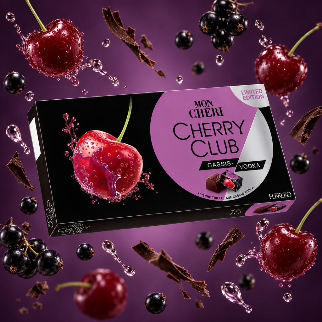 Mon Chéri Cherry Club Cassis Vodka Chocolates 15 Pieces 157g with floating ingredients