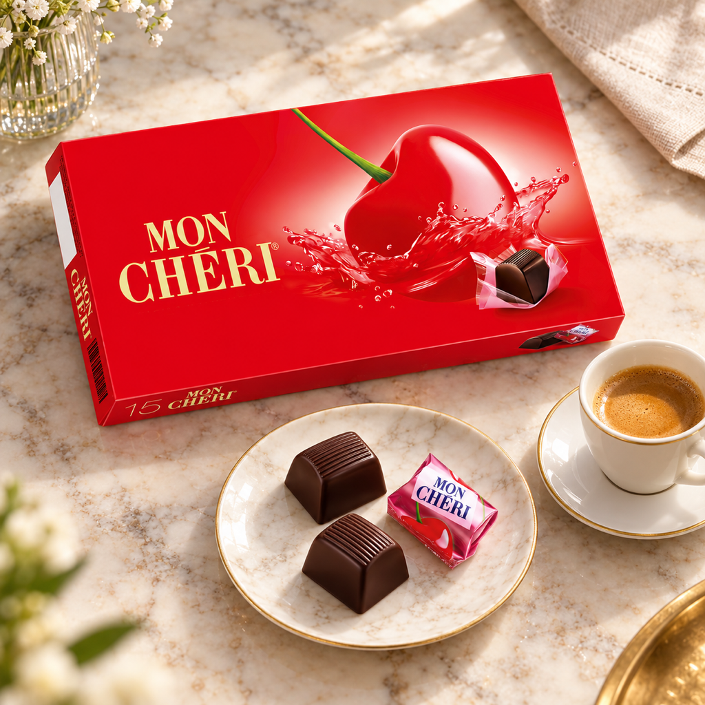 Mon Chéri Cherry Liqueur Chocolates Box 15 Pieces 157g serving suggestion