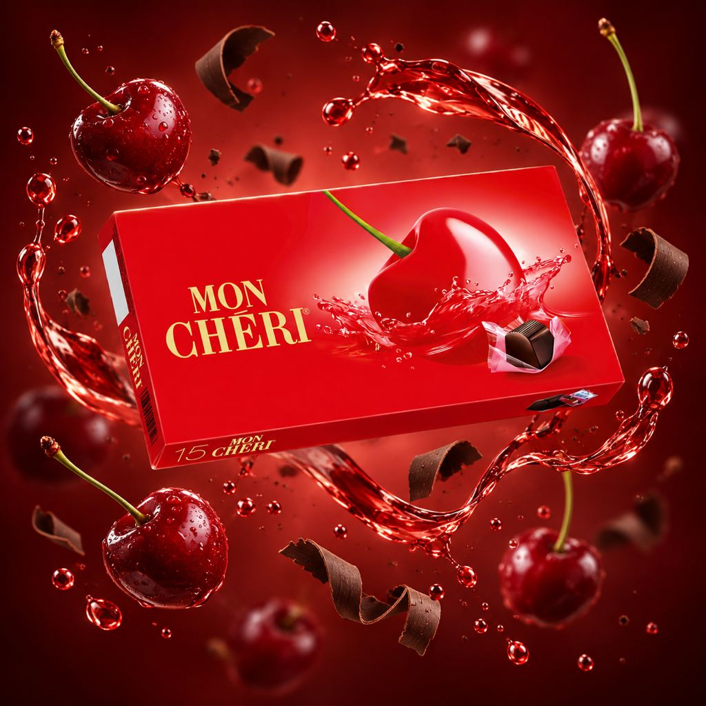 Mon Chéri Cherry Liqueur Chocolates Box 15 Pieces 157g with floating ingredients