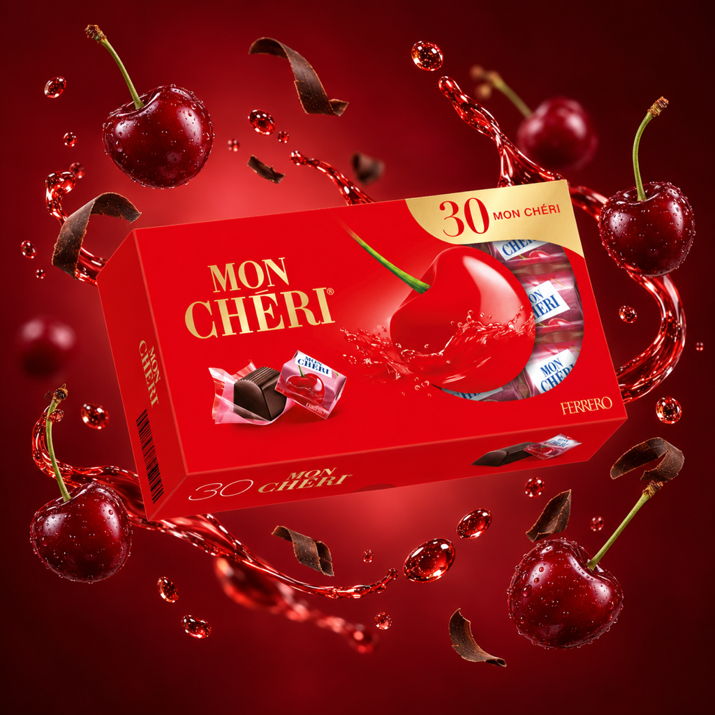 Mon Chéri Cherry Liqueur Chocolates Box 315g with floating ingredients