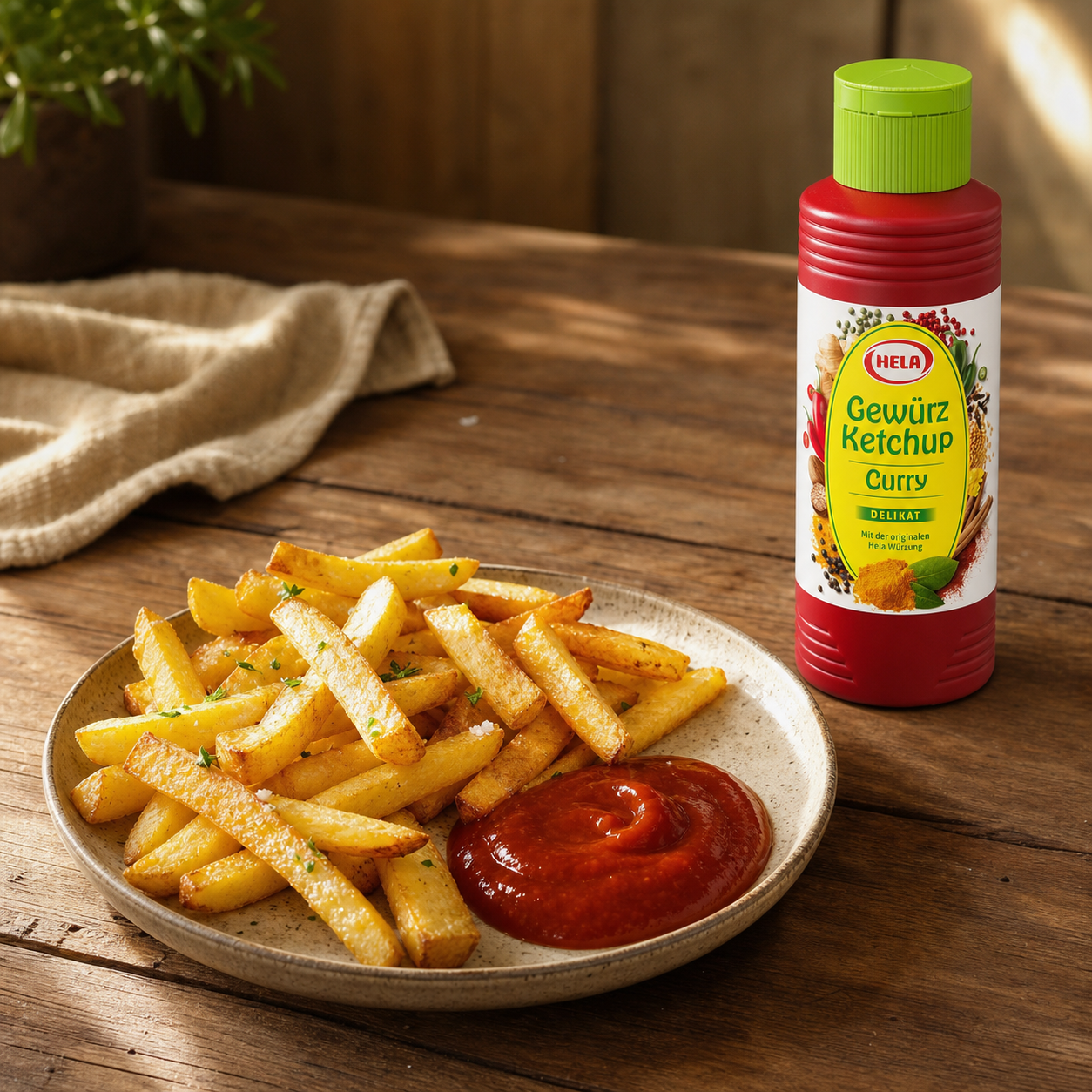 Hela Curry Ketchup Delicate 300ml serving suggestion