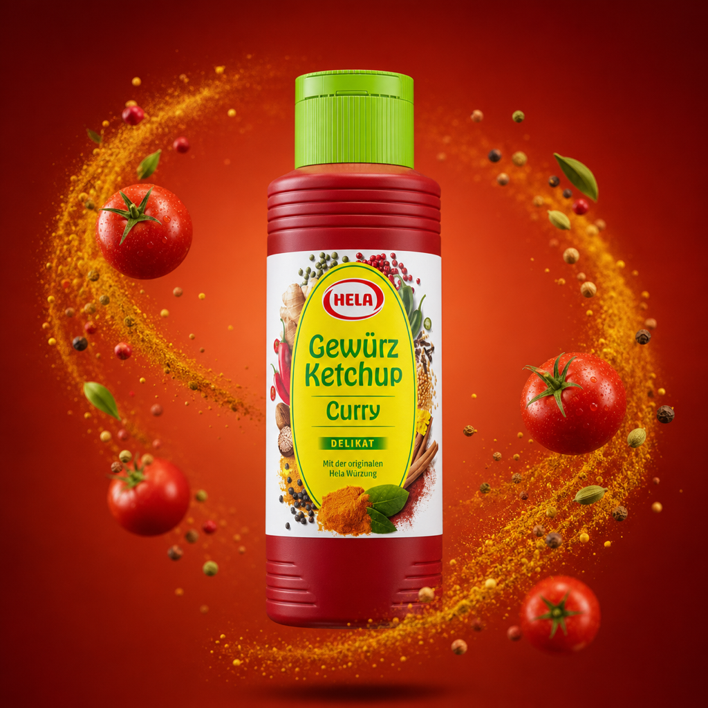 Hela Curry Ketchup Delicate 300ml with floating ingredients