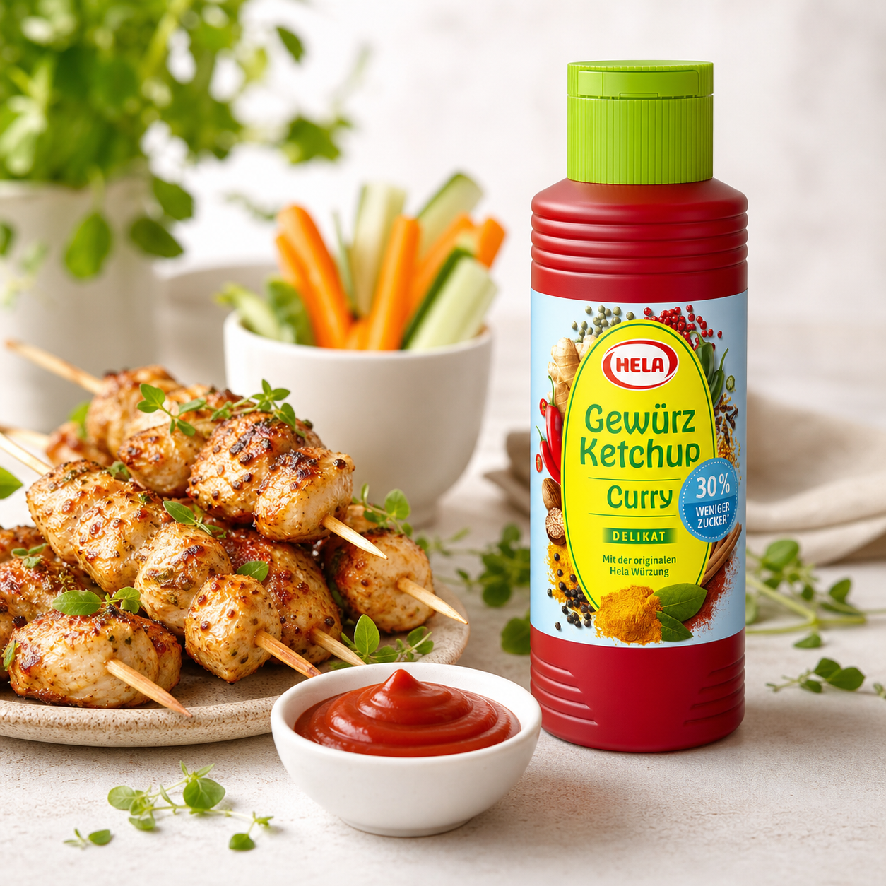 Hela Curry Ketchup Delicate 30% Less Sugar 300ml serving suggestion