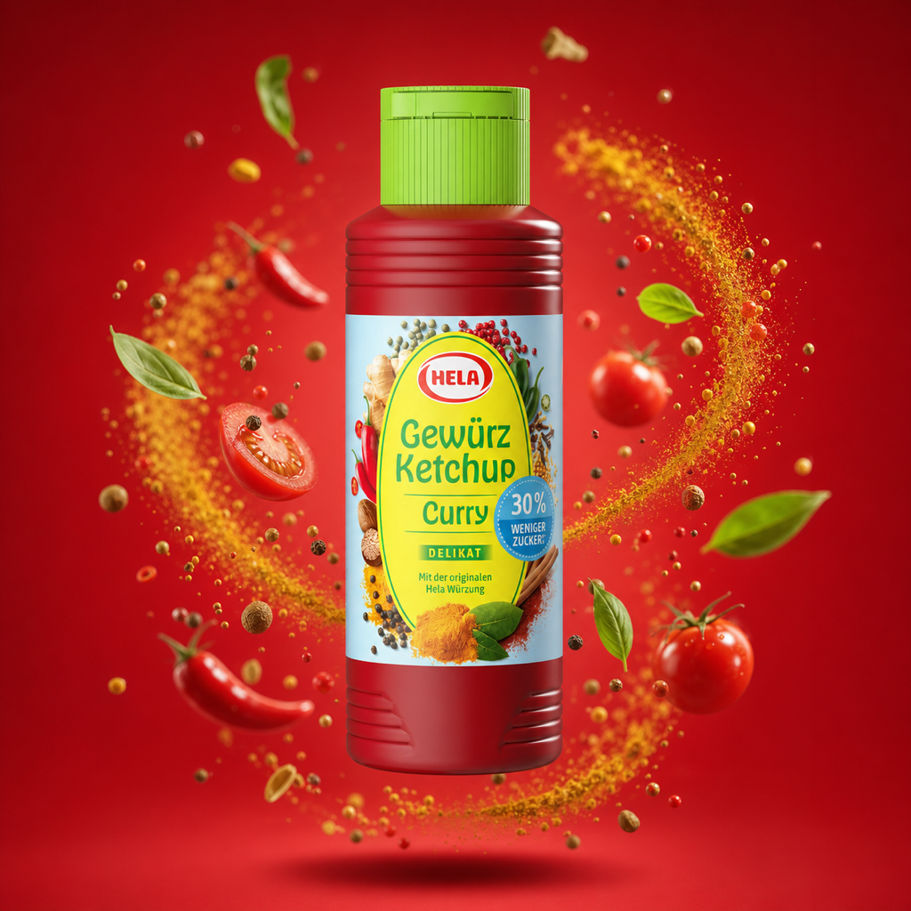 Hela Curry Ketchup Delicate 30% Less Sugar 300ml with floating ingredients