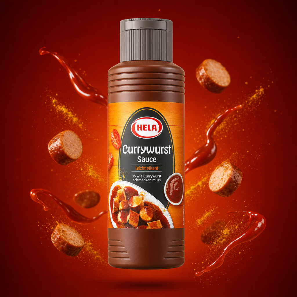 Hela Currywurst Sauce 300ML with floating ingredients