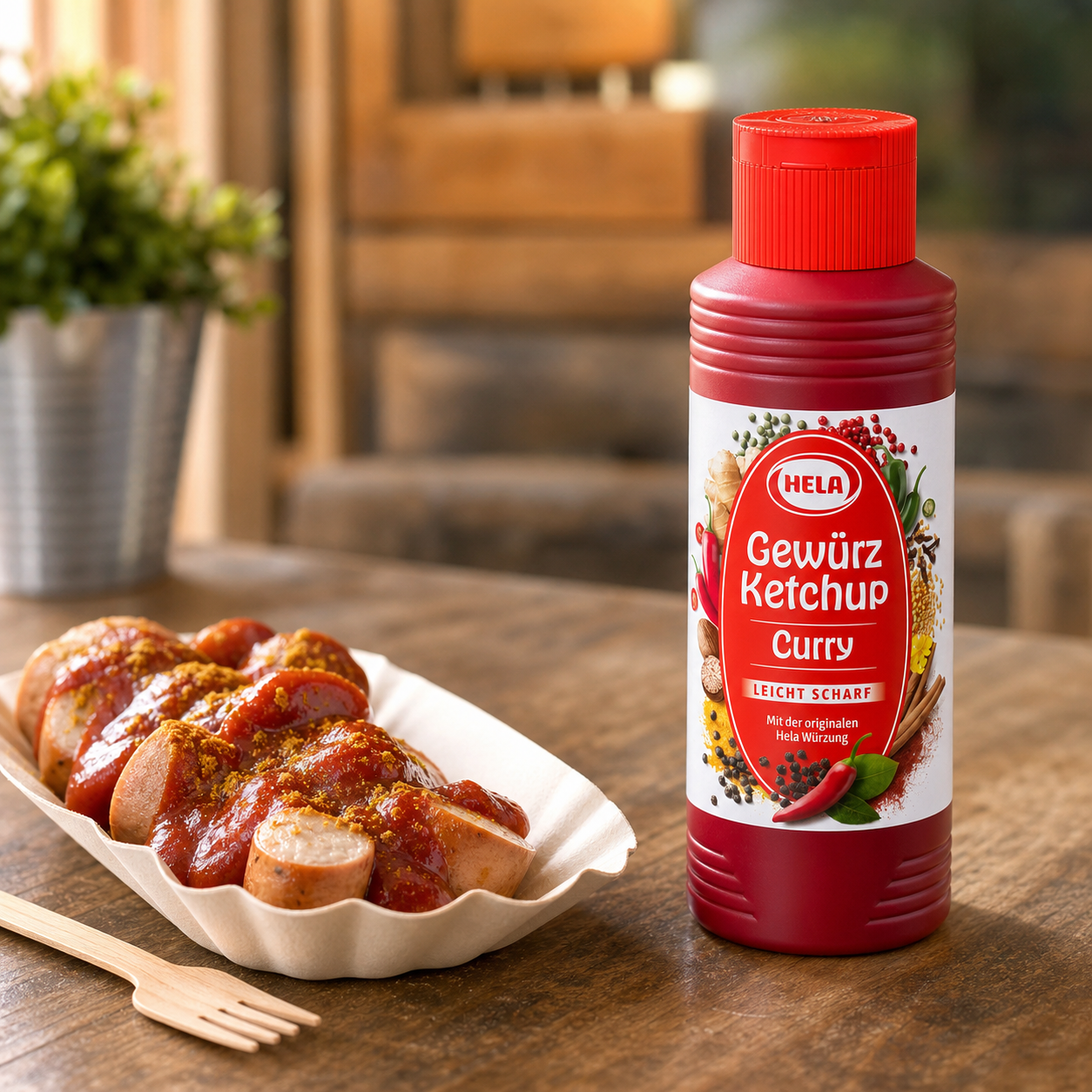 Hela Curry Ketchup Slightly Hot 300ml serving suggestion