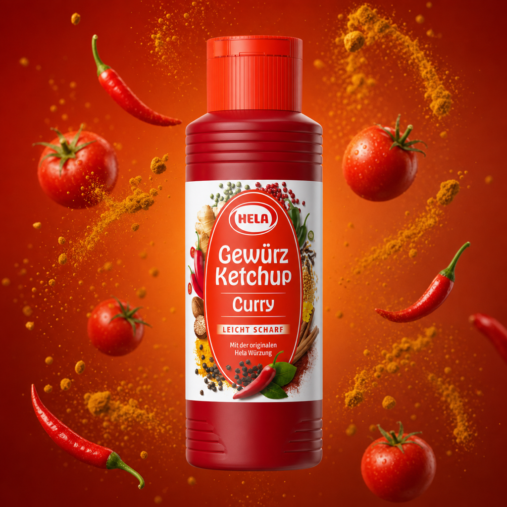 Hela Curry Ketchup Slightly Hot 300ml with floating ingredients