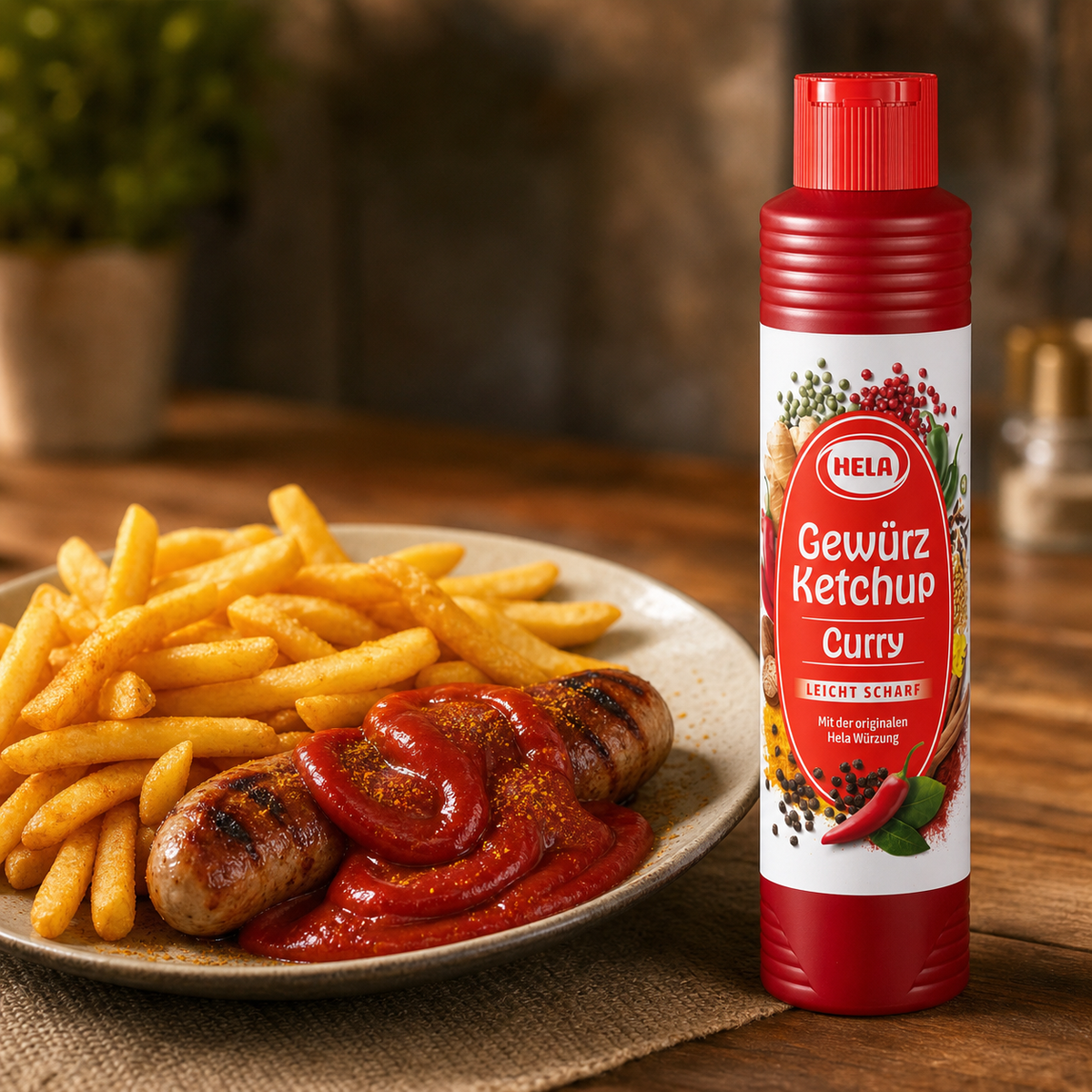 Hela Gewürz Ketchup Curry Leicht Scharf Slightly Hot 800ml serving suggestion